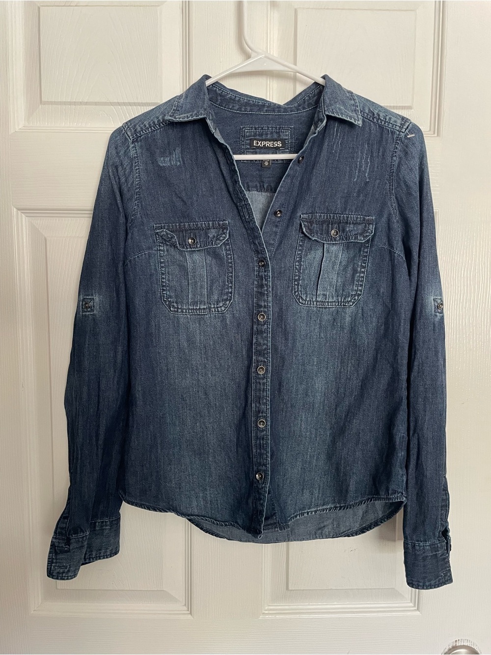 Express 100% Cotton Women’s size XS Dark Blue Denim Button-Down Shirt Distressed